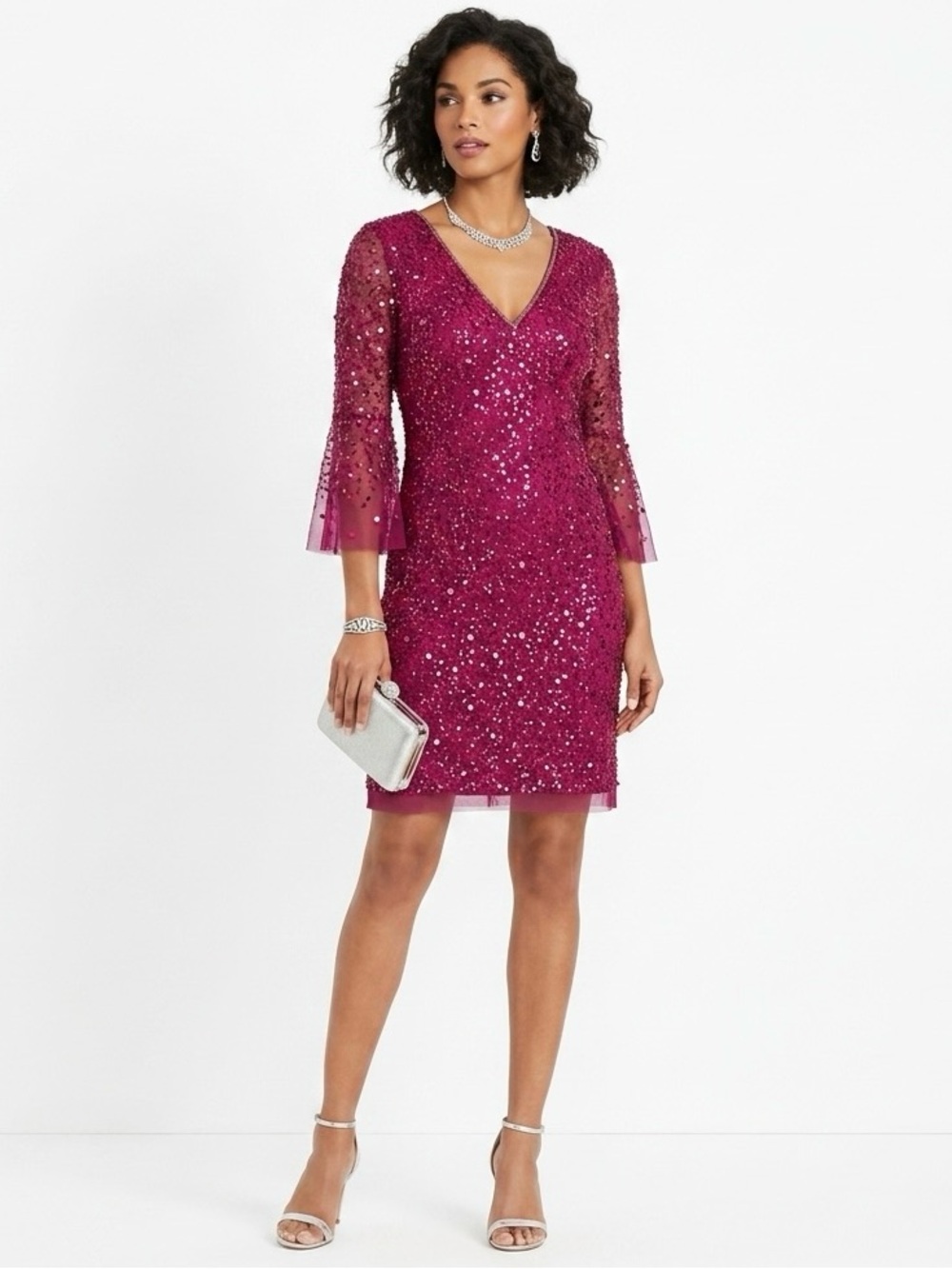 Adrianna Papell Dress Womens 14 Magenta Sequin V-Neck Bell Sleeve Party⁠